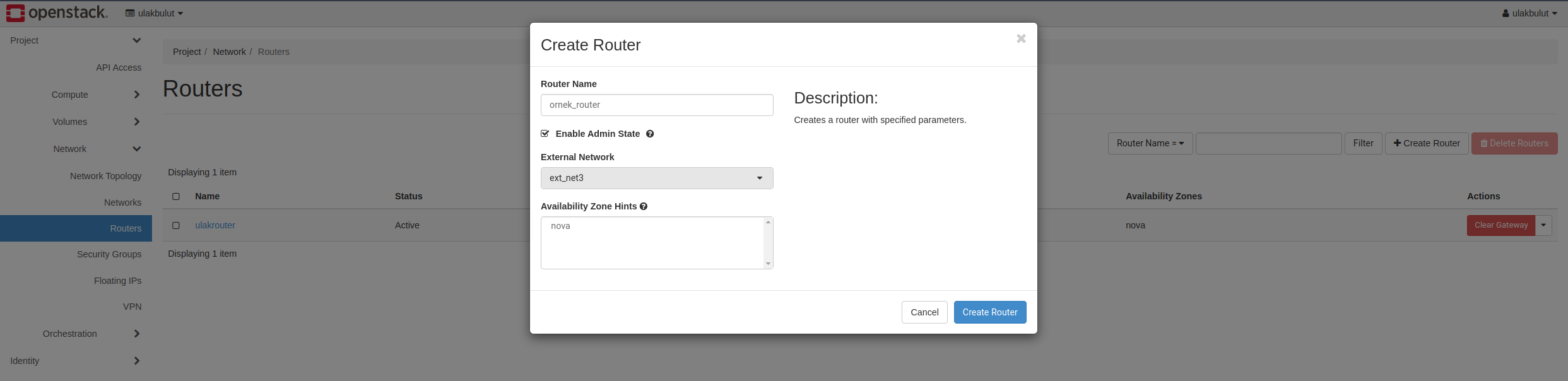 Create Router penceresi: External Network alanında ext_net3 seçili