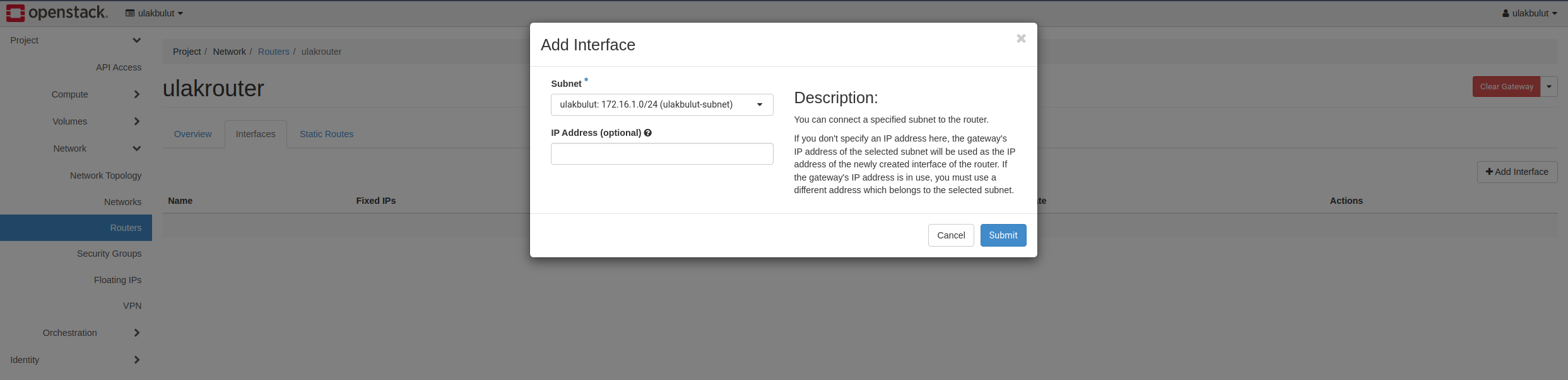 Add Interface penceresi: Subnet alanında yerel subnet seçili