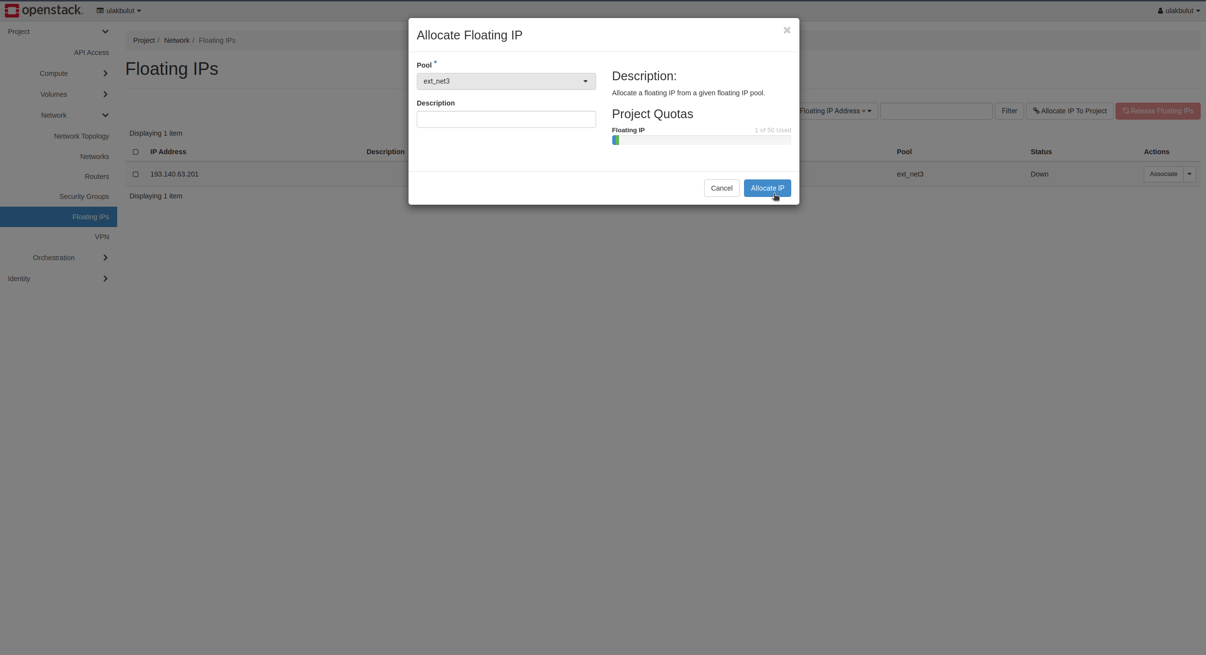 Allocate Floating IP penceresi: Pool alanında ext_net3 seçili