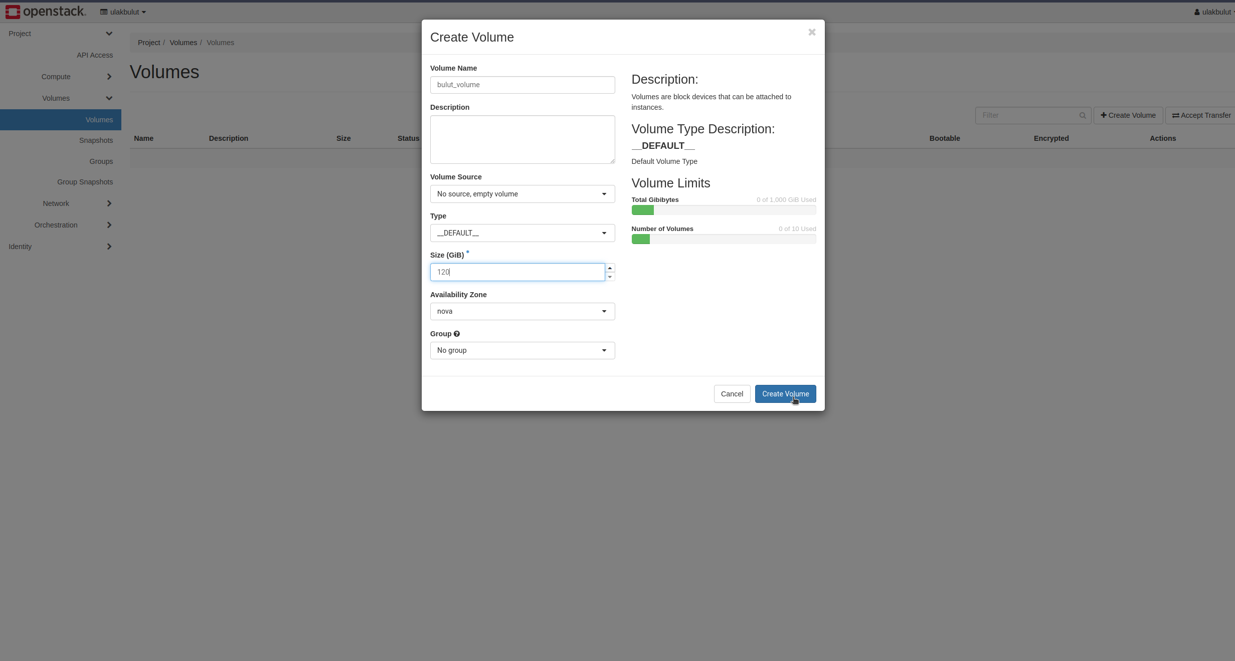 Create Volume penceresi: ad, boş volume kaynağı ve GiB cinsinden boyut alanları