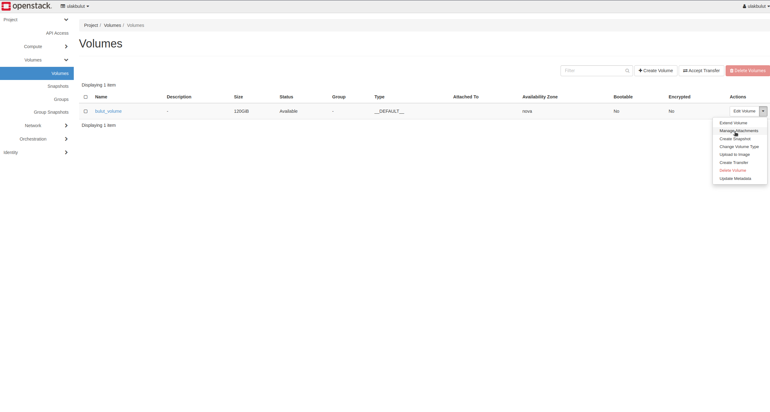 Volumes listesi: Actions açılır menüsünde Manage Attachments seçeneği