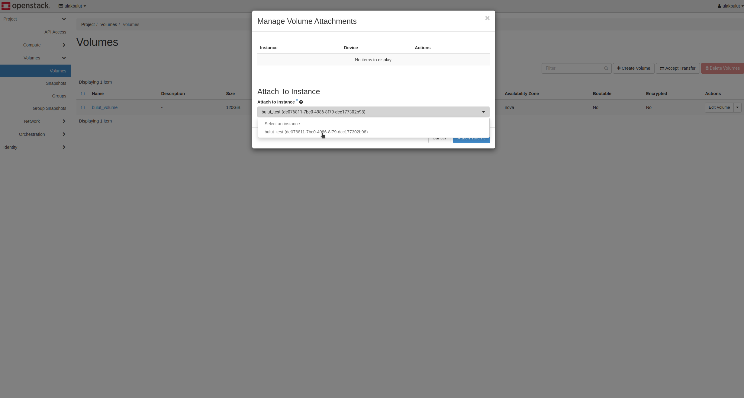 Manage Volume Attachments penceresi: Attach To Instance alanında makine seçimi