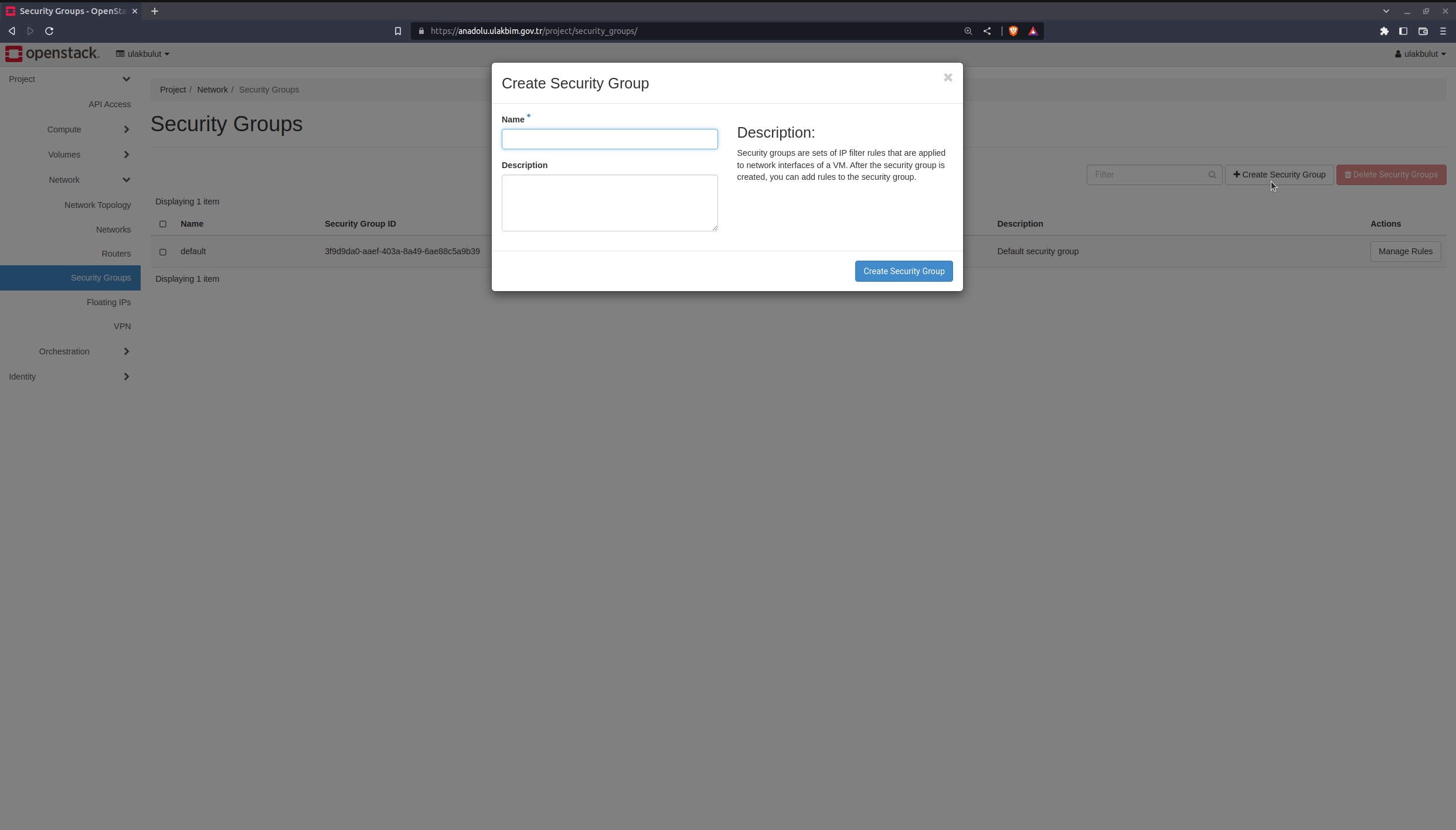 Create Security Group penceresi: Name ve Description alanları