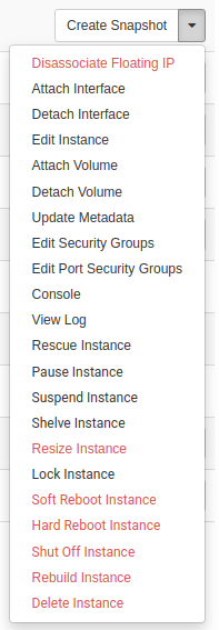 Instance işlem menüsü: Rebuild Instance seçeneği